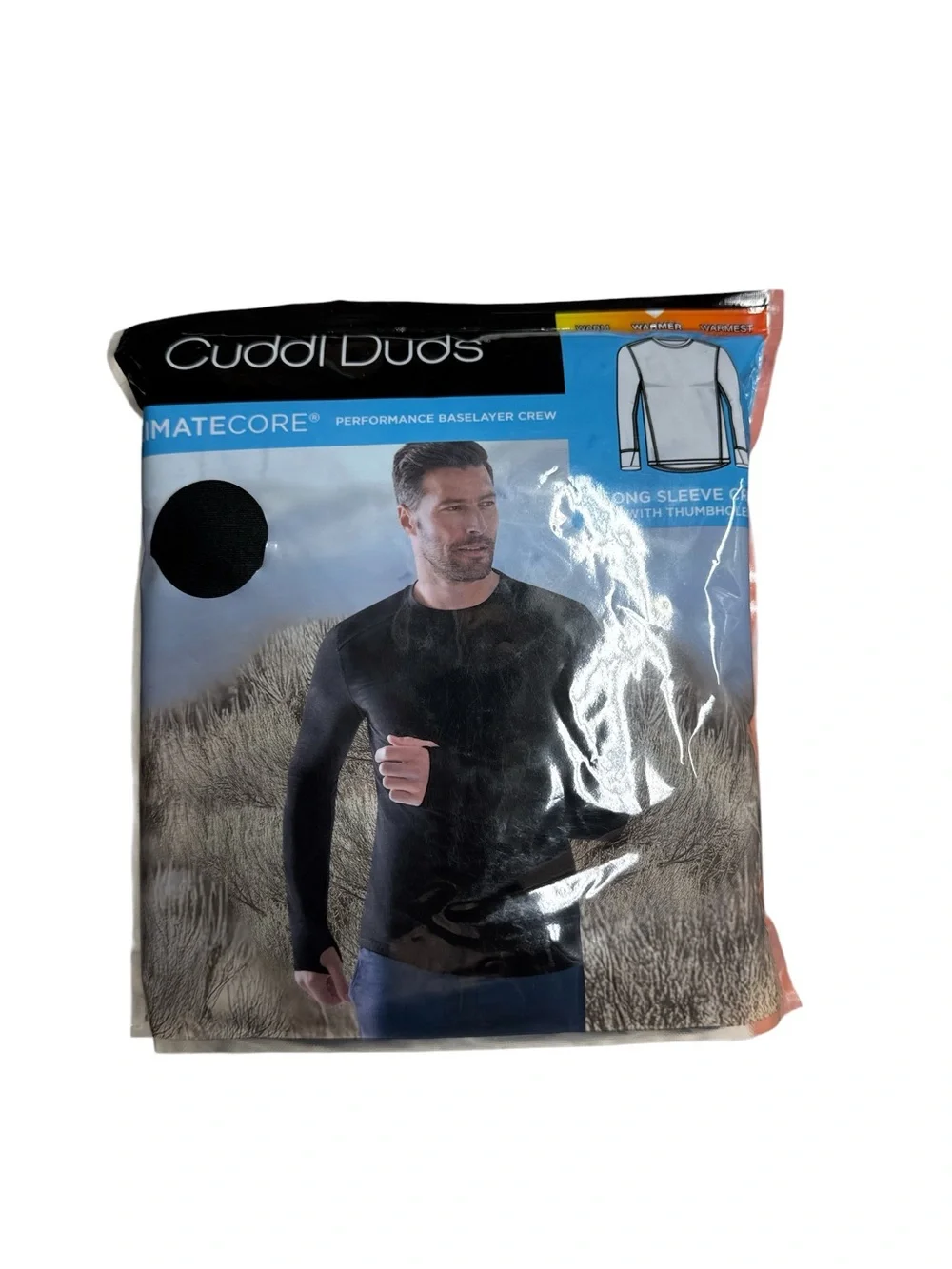 Cuddl Duds black long sleeve thermal shirt with thumbholes, size XL